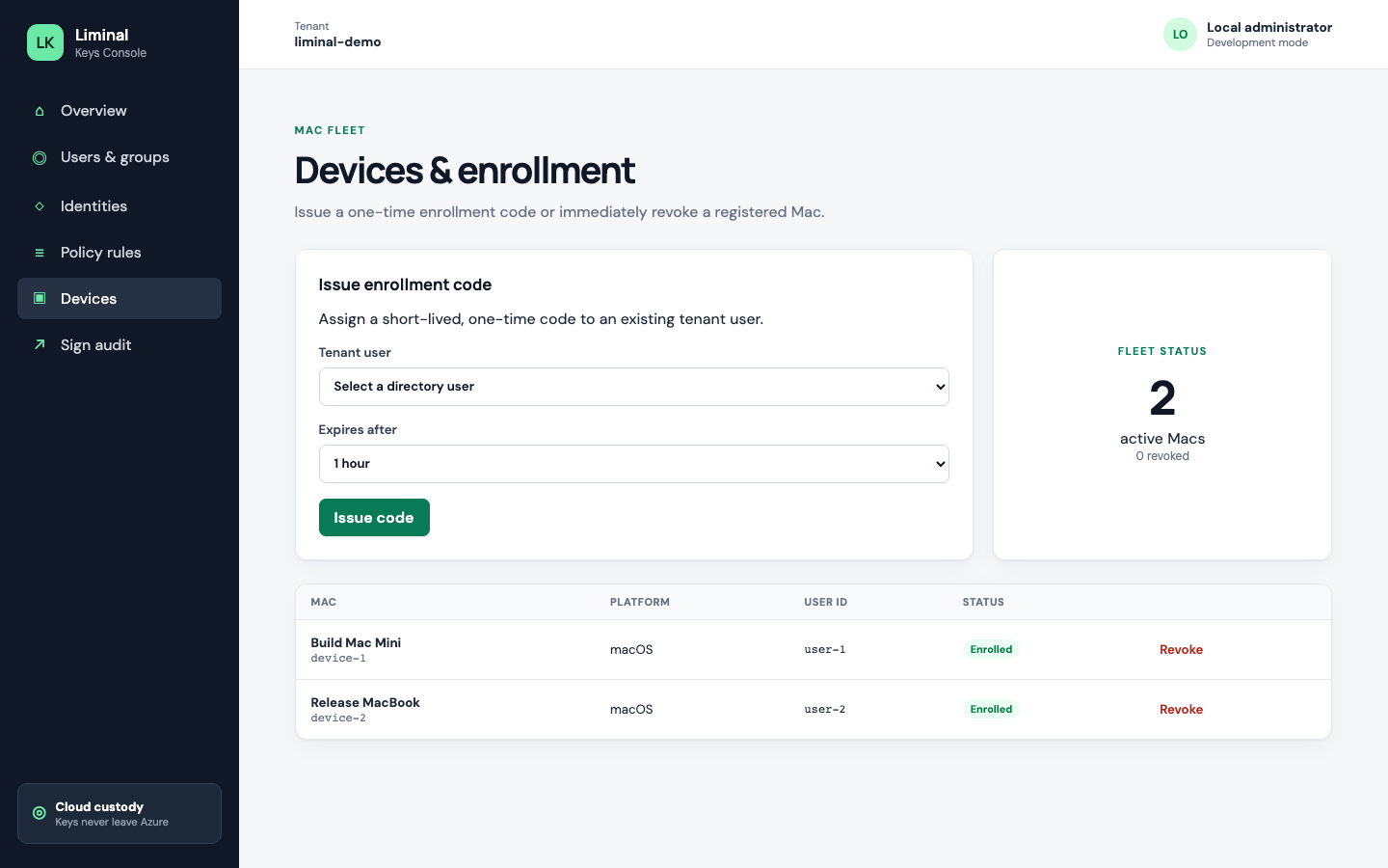 Liminal Console devices and enrollment view