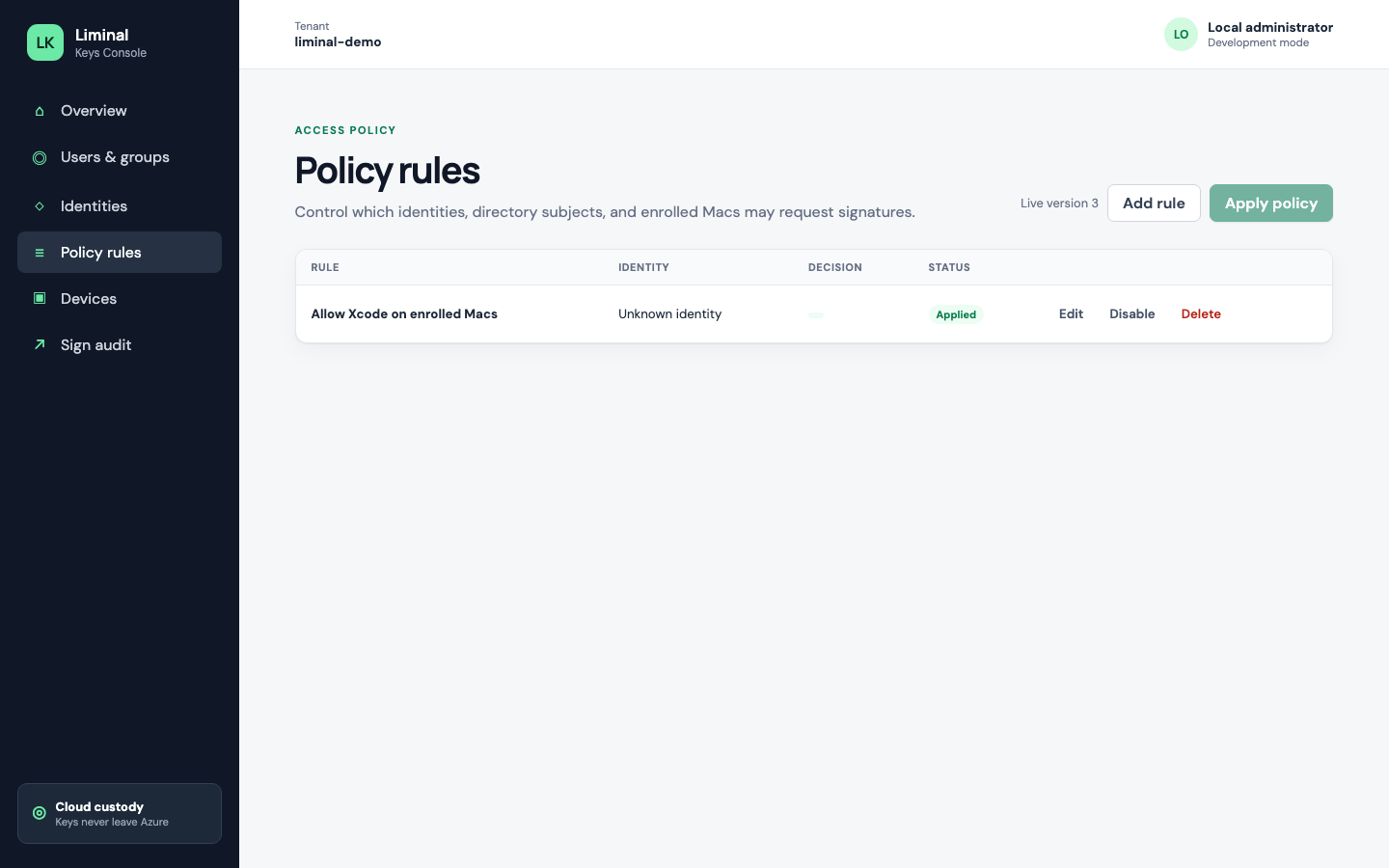 Liminal Console policy rules view